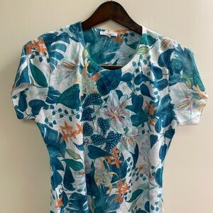 NWot Milano Women’s Floral Short-Sleeve Top in Teal & White